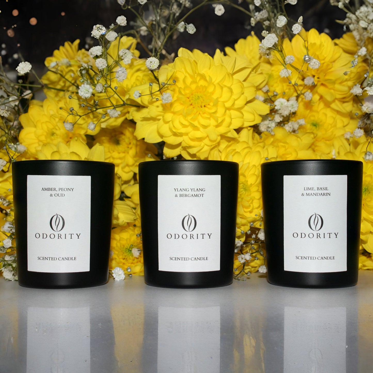 O D O R I T Y Probier-Set mit drei veganen Luxus-Duftkerzen (Amber, Ylang Ylang, Lime) in edler Geschenkbox. Natürlicher Rapswachs, Baumwoll-Leinen-Docht und minimalistisches Design für Entspannung zuhause oder als stilvolles Mitbringsel.